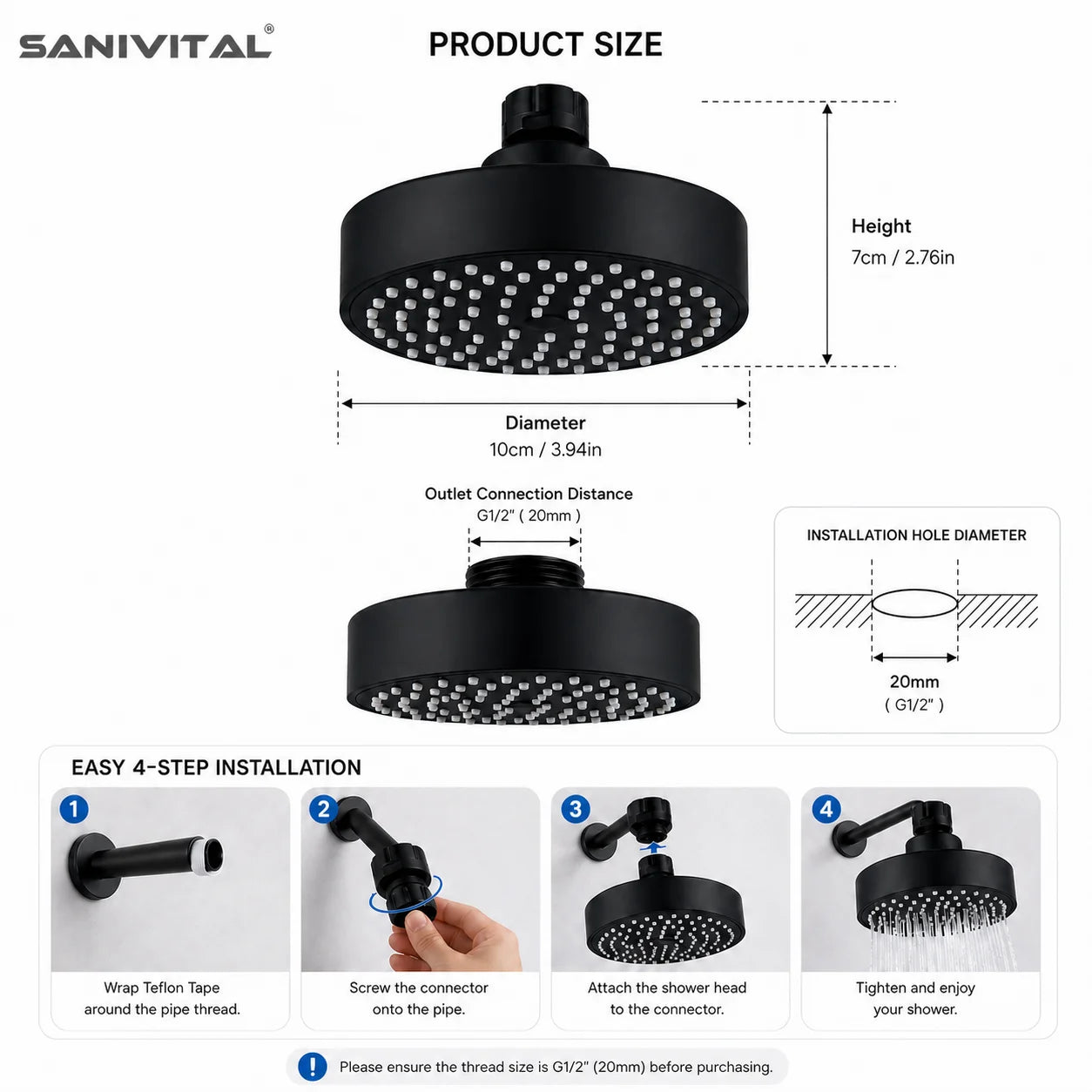 SANIVITAL High Pressure Rain Shower Head 4 Inch Matte Black Bathroom Showerhead G1/2 Universal Shower Head