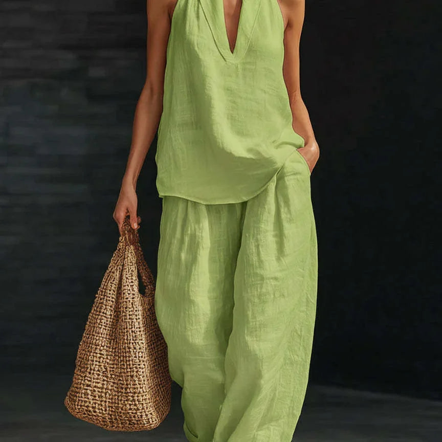 Loose Two-piece Halter Neck V-neck Sleeveless Top Trousers 2026 Summer Women's Fashion Solid Color Casual Womens Matching Sets