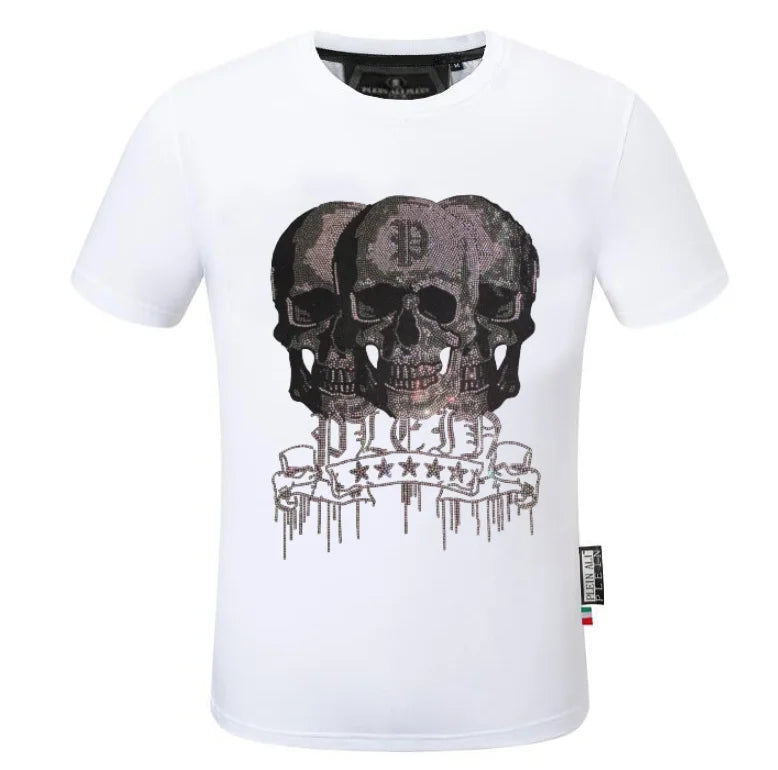 2025 Summer New Luxury Men's Fashion Skull Design Rhinestones T-Shirt Pure Cotton Crew-Neck Casual High Quality