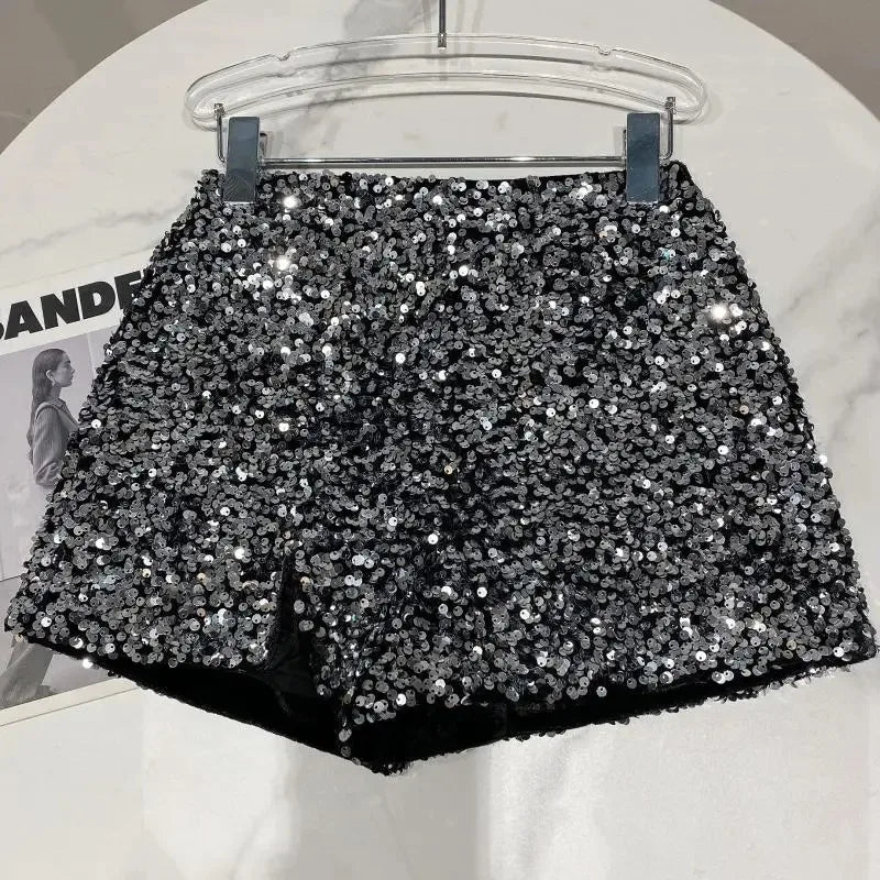 Spring/summer new Spice Girls sequin zipper shorts Slimming suede embroidered beaded casual pants