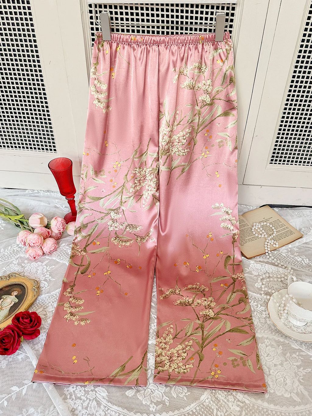 New All Season Women Cherry Print Pants Elastic Waist Loose Trousers Casual Home Loungewear Sleep Bottoms
