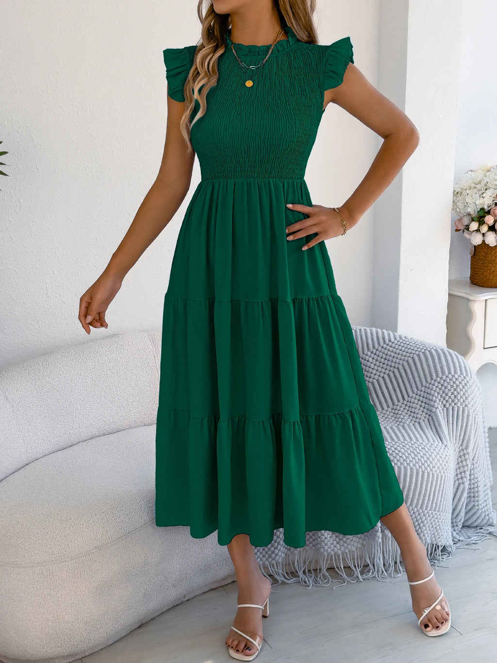 Spring Summer Elegant Ruffled Dresses for Women 2026 Casual Vacation Solid Color Round Neck Sleeveless Long Dress Blue Green