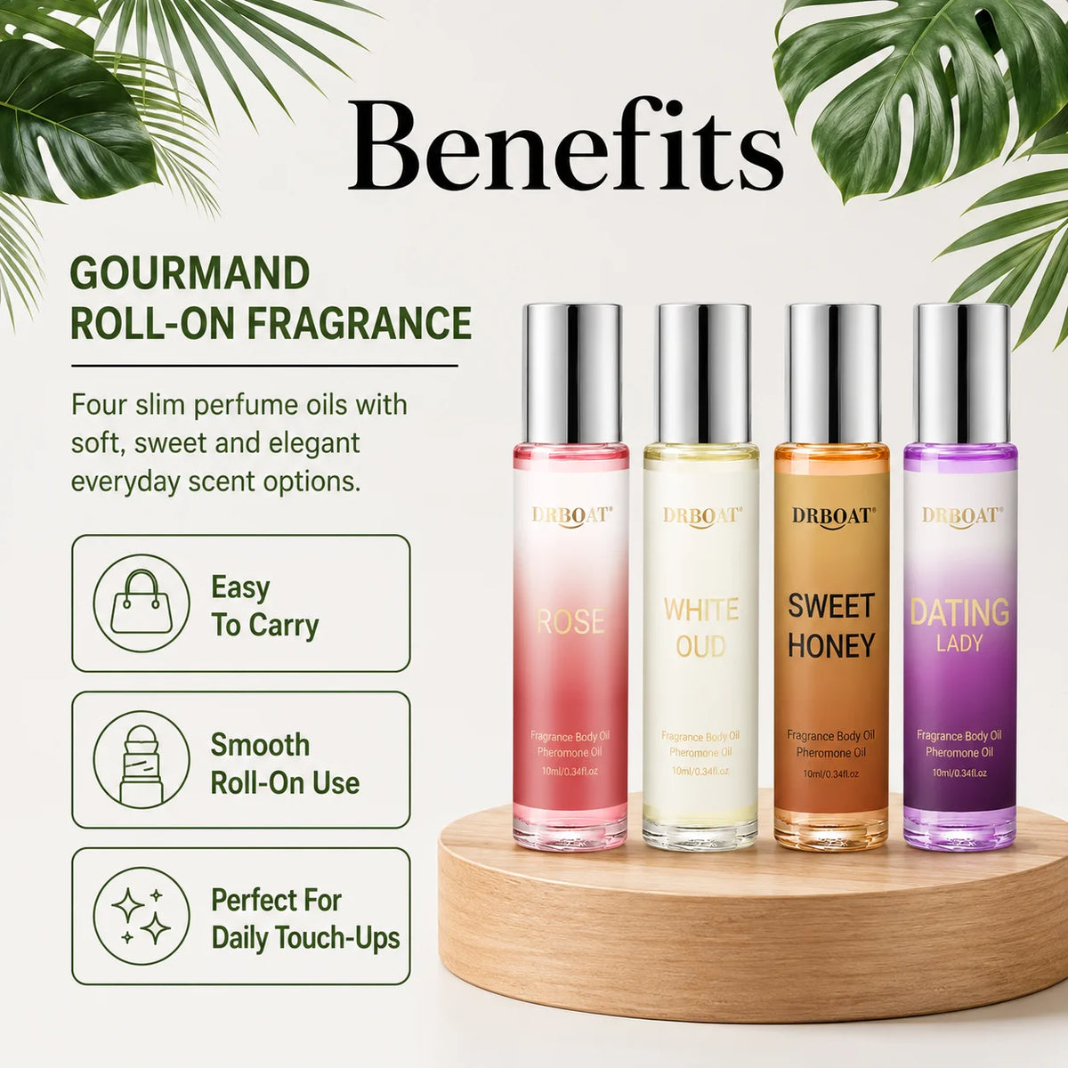 4Pcs 10ML Roll‑On Pheromone Oil Set - Portable Fragrance Oil,Rose White Oud Honey Milk Scent Eau de Parfum Traveling or Dating.