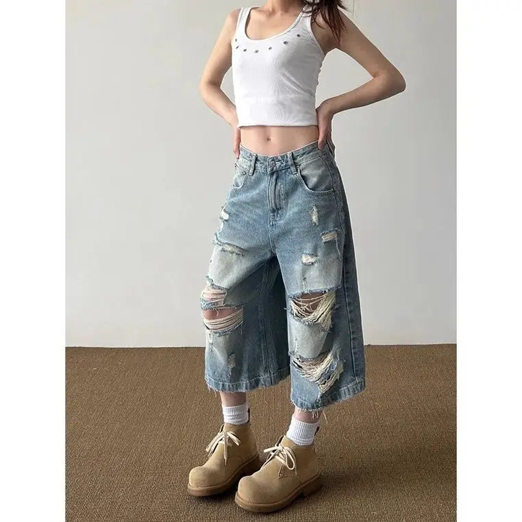 Vintage High Street Ripped Denim Seven-point Jeans Women's Summer Loose Drape Straight Wide-leg Pants