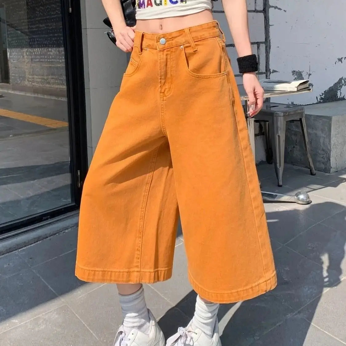 Retro High Waist Wide-leg Jeans Women Summer New Fashion Loose Straight Calf-Length Denim Pants Female Orange Whiter Cowboy Pant