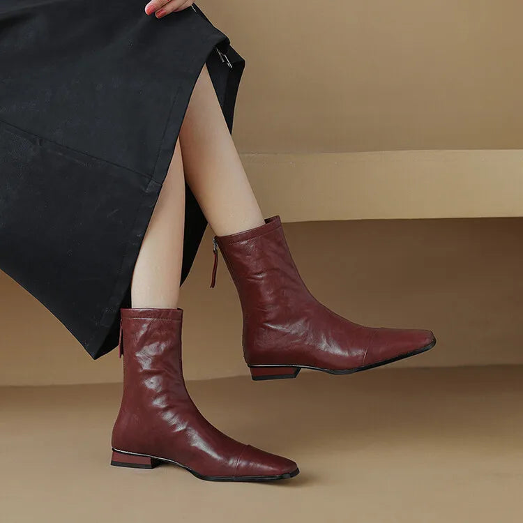 NEW Autumn/Winter Women Boots Square Toe Low Heel Shoes Genuine Leather Shoes for Women Concise Zipper Short Boots Modern Boots