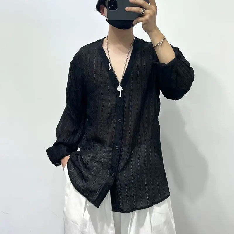 Simple Loose Hollowed-out Draped V-neck Loose Shirt for Men Solid Color Y2K Blouse Fashion Tops Chic Casual Male Clothes