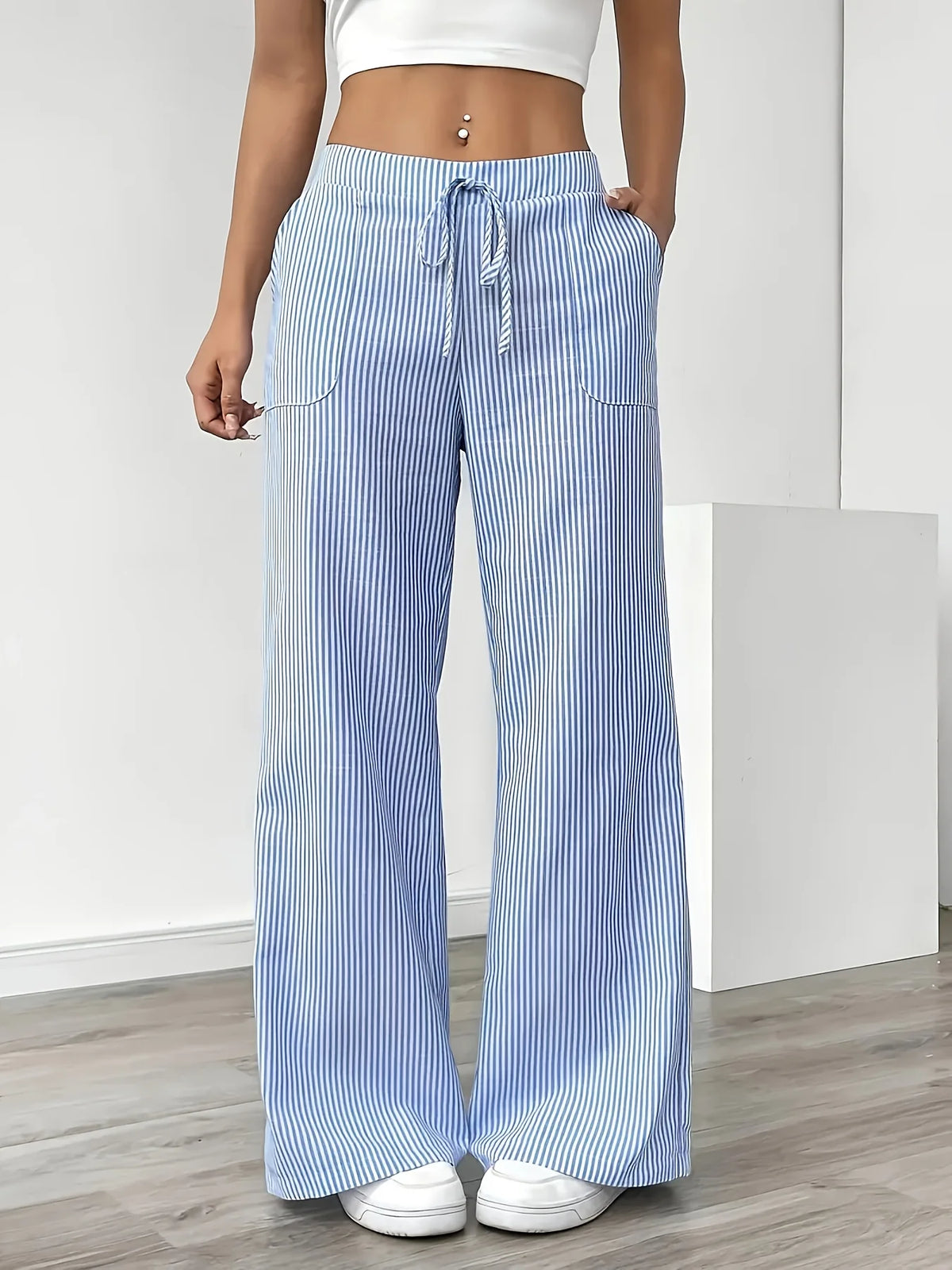 New Women's Casual Striped Sports Pants Popular Fashionable Blue Pocket Pants for Women
