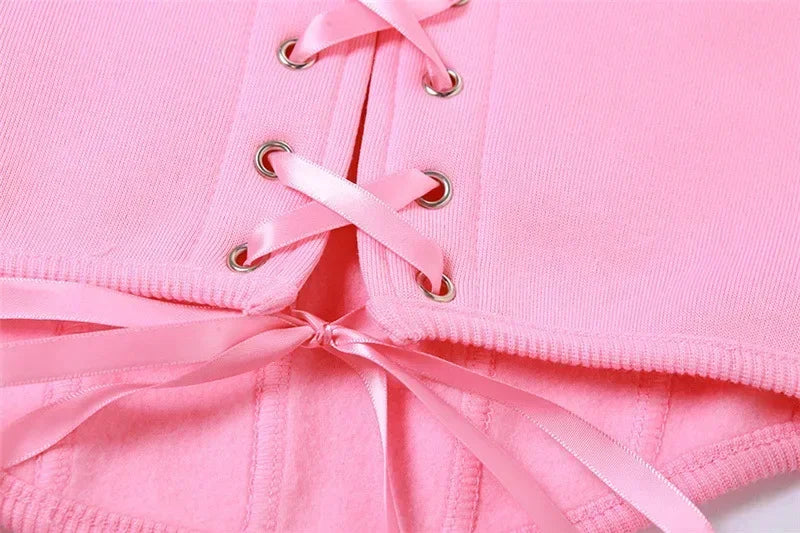 New Lace Up Pants Sets Women Slim Solid Splice Tank Tops Woman Long Sleeve Short Hoodies And Pant Suits Women Outfits Winter