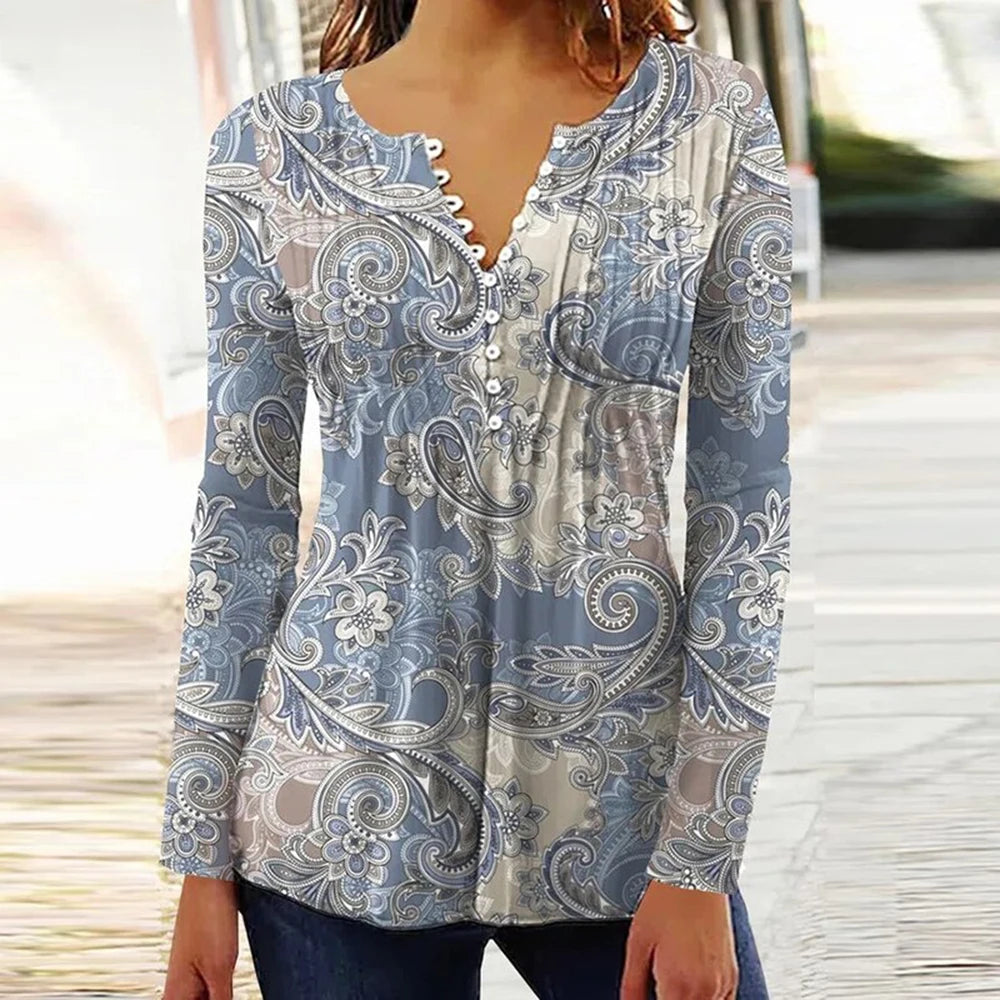 2024 Trendy 3D Printed Shirts for Women Spring Summer 3/4 Sleeve V Neck Buttons Blouse Shirt Elegant Ladies Long Sleeve Tops