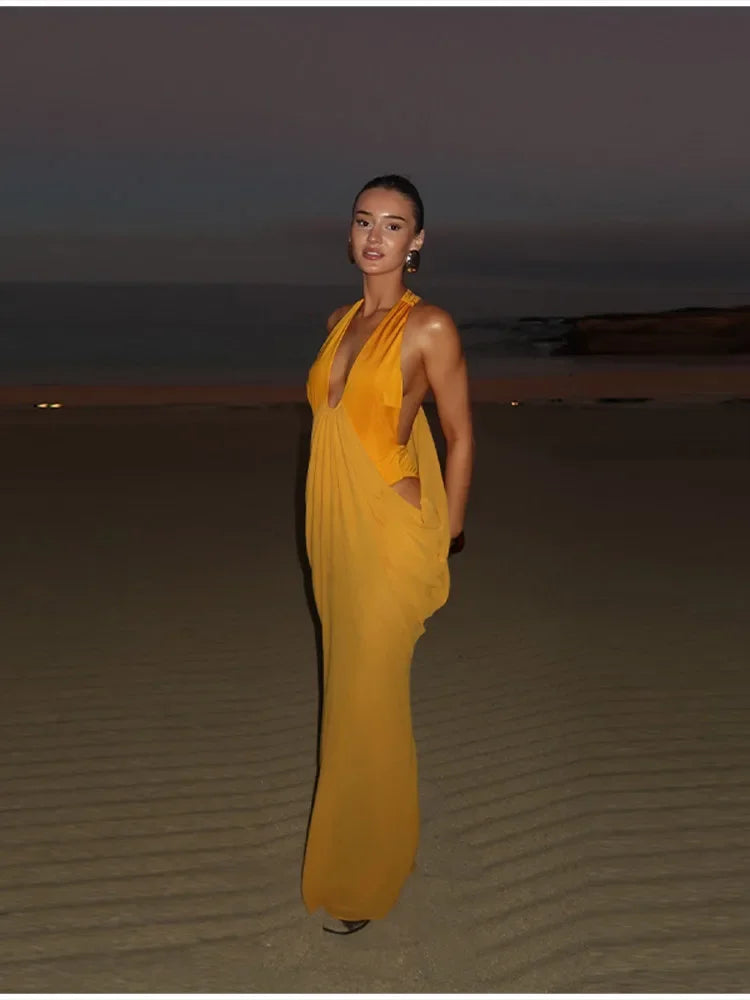 Chic Bohemian Yellow Dress Draped Chiffon Vintage Women Dresses Party Summer Vacation Beach Trendy Streetwear