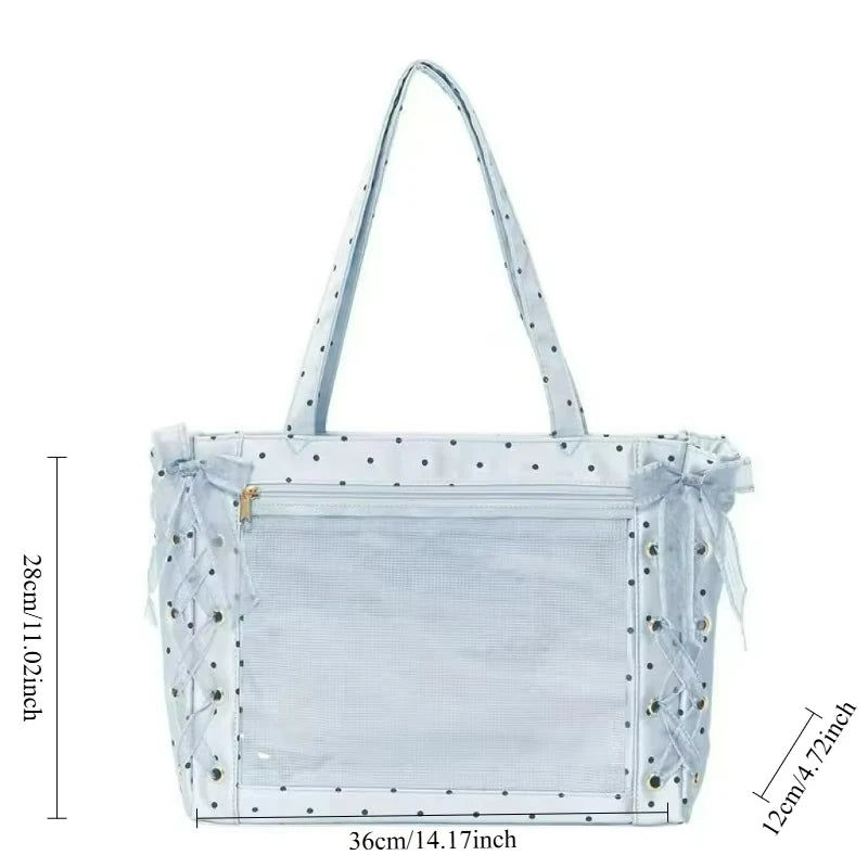 Japanese Polka Dot Shoulder Bag, Sweet Cute Large-capacity Ita Bag, Bow Lace Tie Design Handbag Fashion Lightweight Laptop Bag