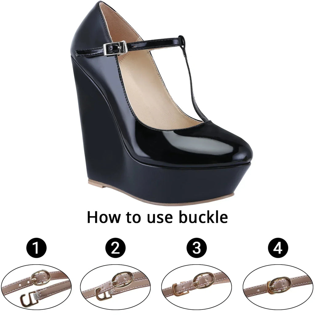 Women Platform Wedge Heels Pumps Autumn Winter 14cm Round Toes T-Strap High Heeled Gladiator Ladies Dress Party Wedding Shoes