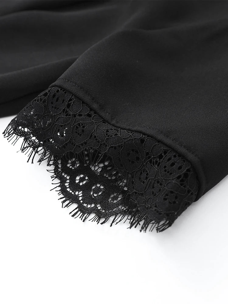 Black Lace Trim Hollow Out Mini Dress Women A-line Turtleneck Waist Cinched Short Sleeve Vestidos 2026 Lady Daily Party Gown