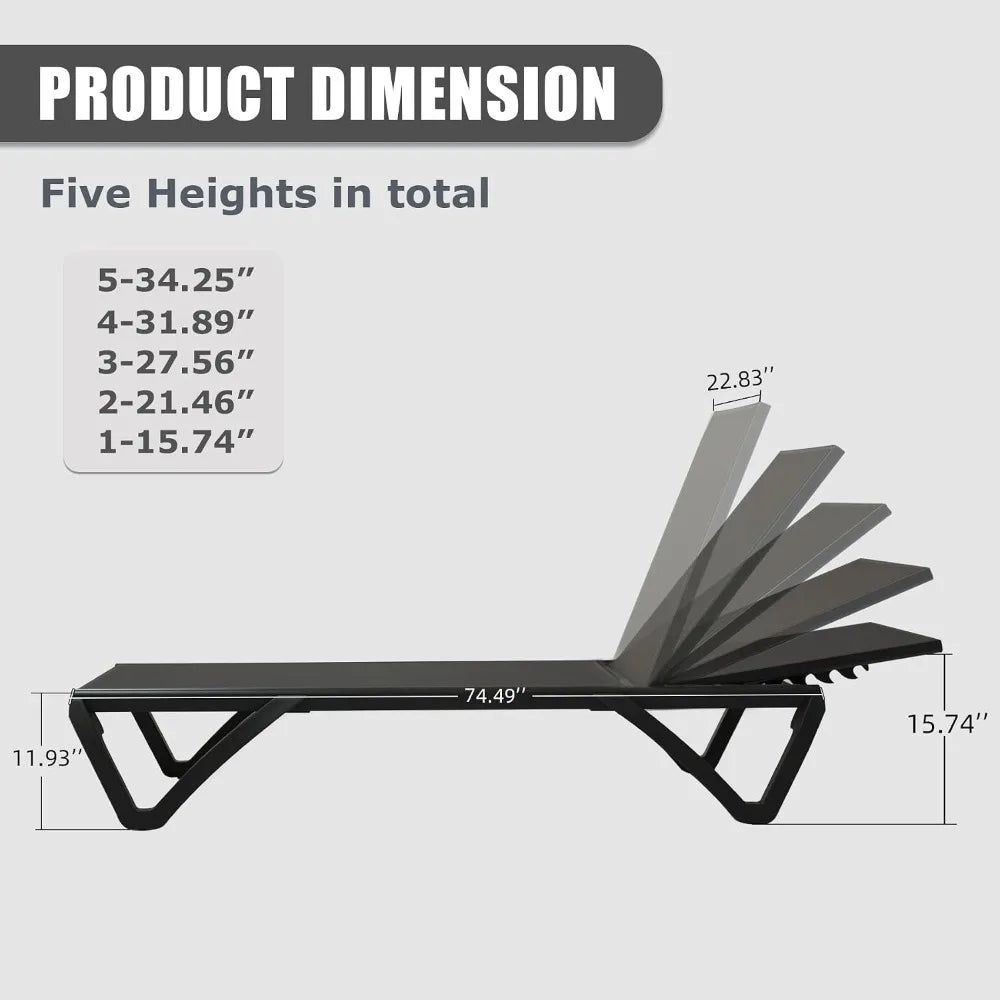 2 Pack Aluminum Outdoor Chaise Lounge,With Wheels,5 Position Adjustable,All Weather Pool Patio, Custom