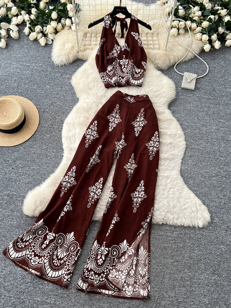 Women's Summer Two Pieces Bohemian Vacation Printed Halter Neck Sleeveless Top High Waist Wide Leg Pants Two-piece Set TP044