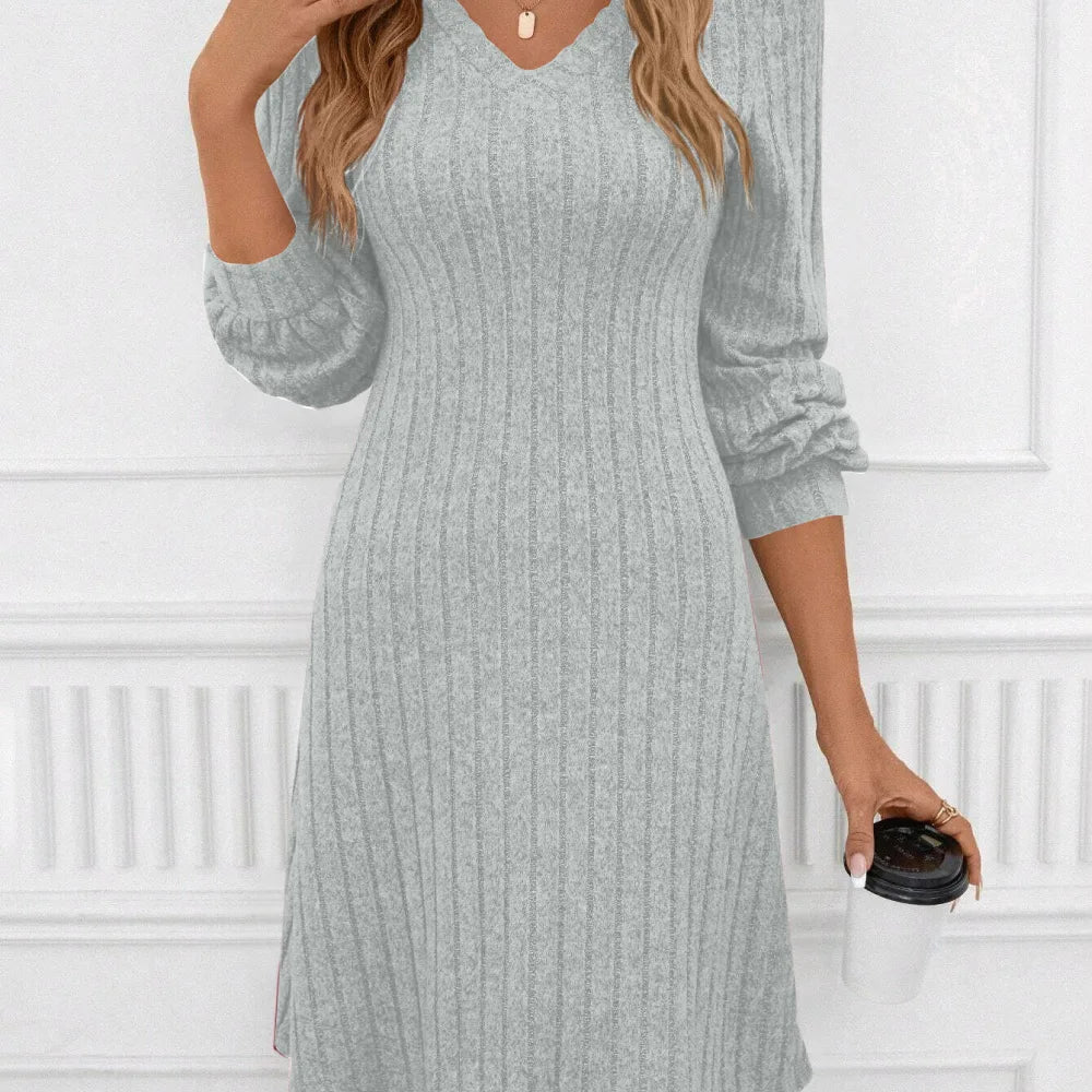 Womens V Neck Brushed Ribbed Knit Dress Long Sleeve Slim Fit Autumn Winter Casual Pullover Solid Color Streetstyle