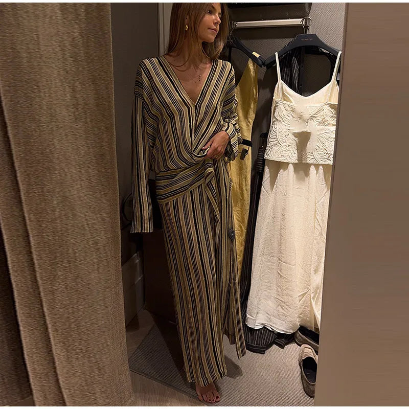 Women Striped Wrap Dress V-neck Loose Pleated Long Sleeved Asymmetrical Drape Dresses 2026 Summer New Casual Commute Lady Robes