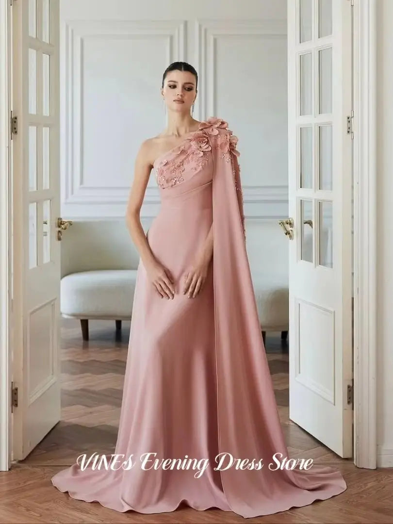 VINES Pink One Shoulder Prom Dress 3D Flower Beaded Evening Dress With Cape Elegant Floor Length Formal Party Dress Customized