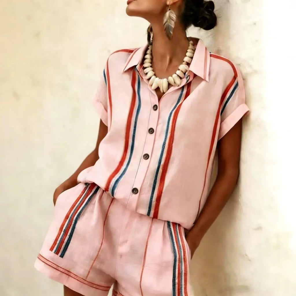 2026 Women Two-piece Set  Vertical Striped Top Women's Summer Loose Casual Versatile Lapel-neck Shorts Sleeve Shirt Shorts Suit