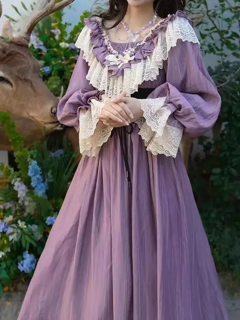 Nicemix Purple Classic Vintage Lantern Sleeve Lolita Dress Spring Lace Spliced Sweet Slimming A-line Dress