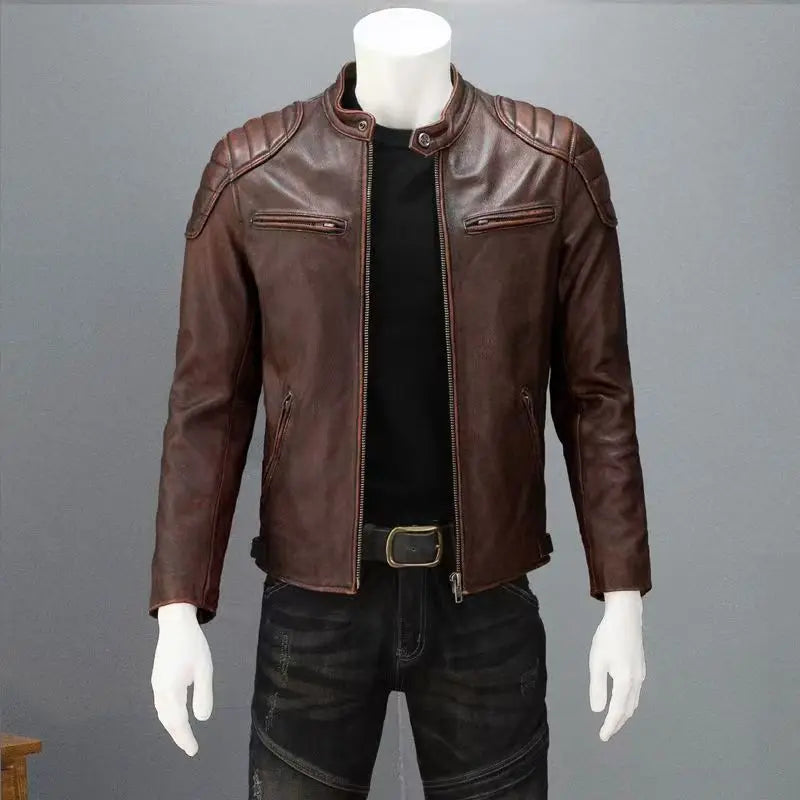 Autumn Winter Youth Mens Cowhide Texture Faux Leather Stand Collar Biker Jacket Retro Color Block Daily Street Casual Outer Coat