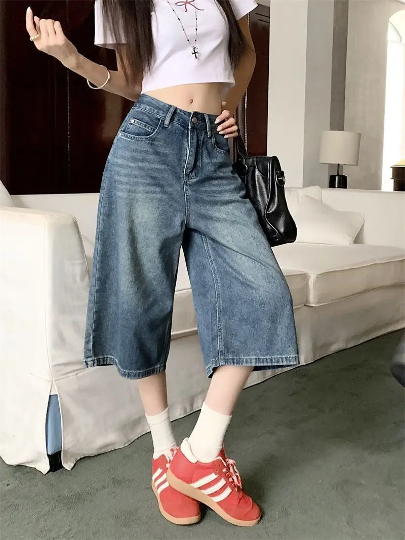 Summer American Style Vintage Women Baggy Jeans Y2k Loose Washed High Waist Knee Length Denim Pants Streetwear Wide Leg Shorts