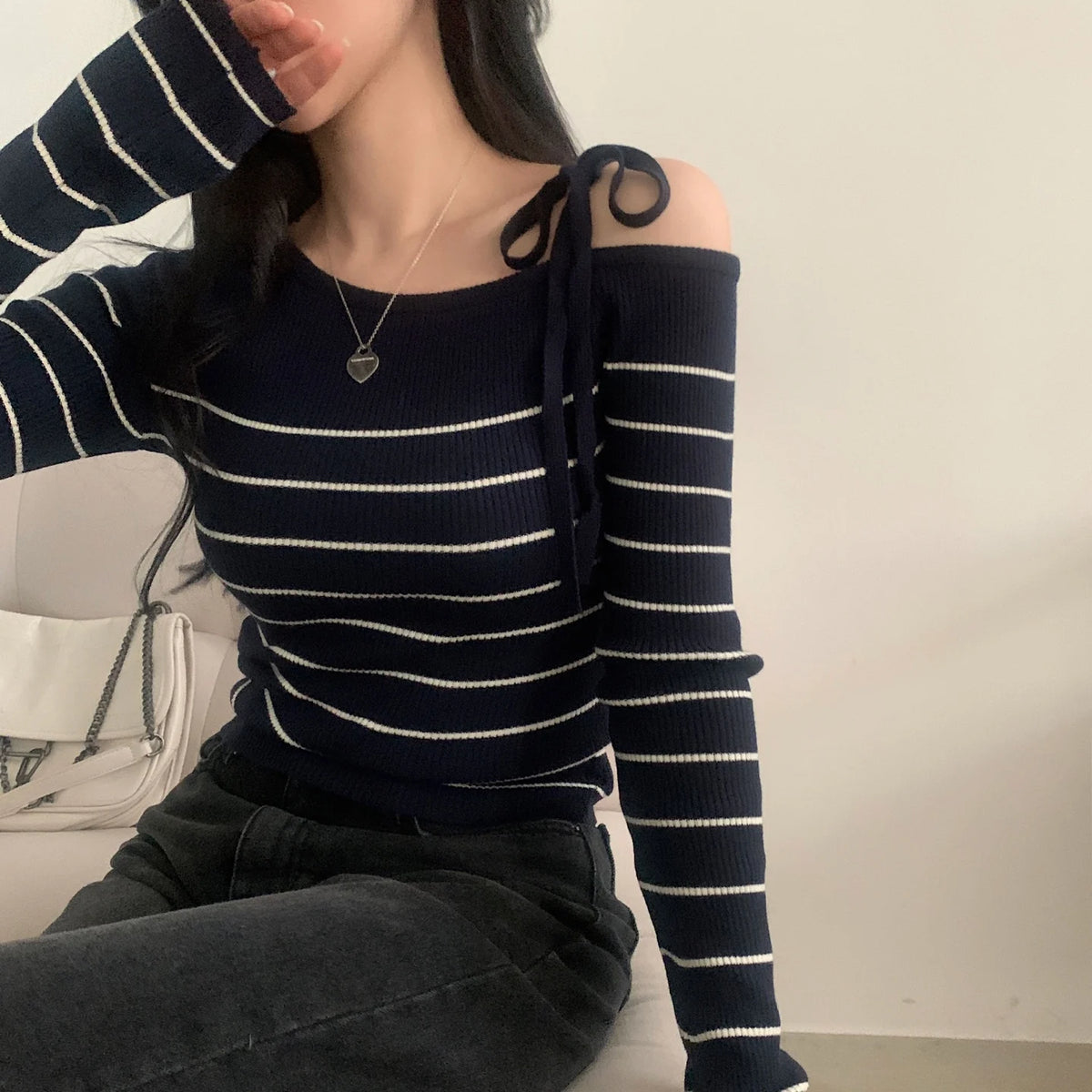 2026 New Women's Elegant Off-Shoulder Sweater T-Shirt Black White Striped with Adjustable Lace-Up Fall Winter Casual Chic Top