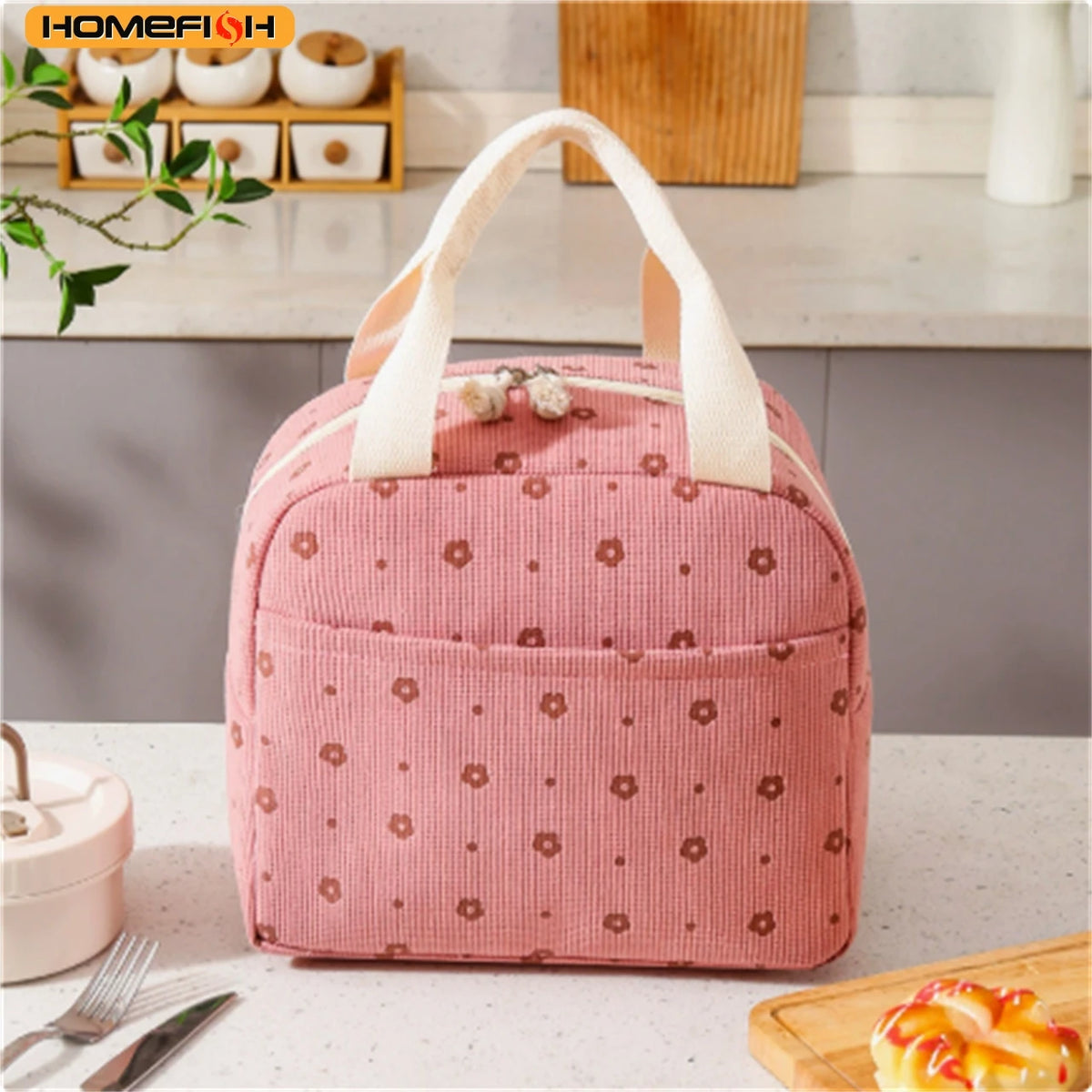 HOMEFISH Cute Flower Pattern Insulated Lunch Box Bag, Waterproof Durable Thermal Handbag for Food Storage