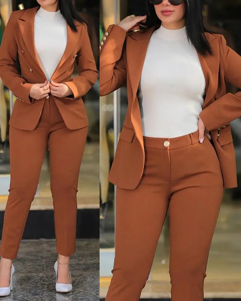2Pcs Women's Solid Color Suit + Trousers Two-Piece Set Slim Fit Business Fashion Double Breasted Formal Female Clothes Outfit