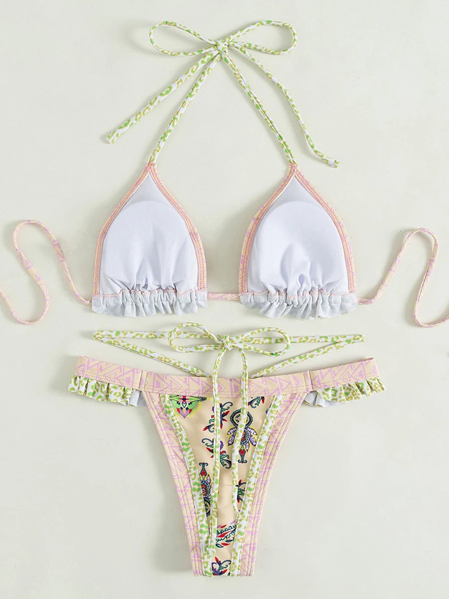 Print Bikinis Bordered Bikini Set Mciro Halter Swimwear Women Swimsuit Sexy Beachwear Brazilian Biquini Triangle Bathing Suits