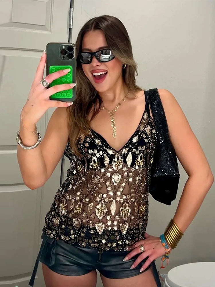Sexy Sequins Camisoles Vest Women Glitter Sleeveless Backless Ruffle Pleated Tanks Top 2025 Summer Chic Beach Sreetwear Lady