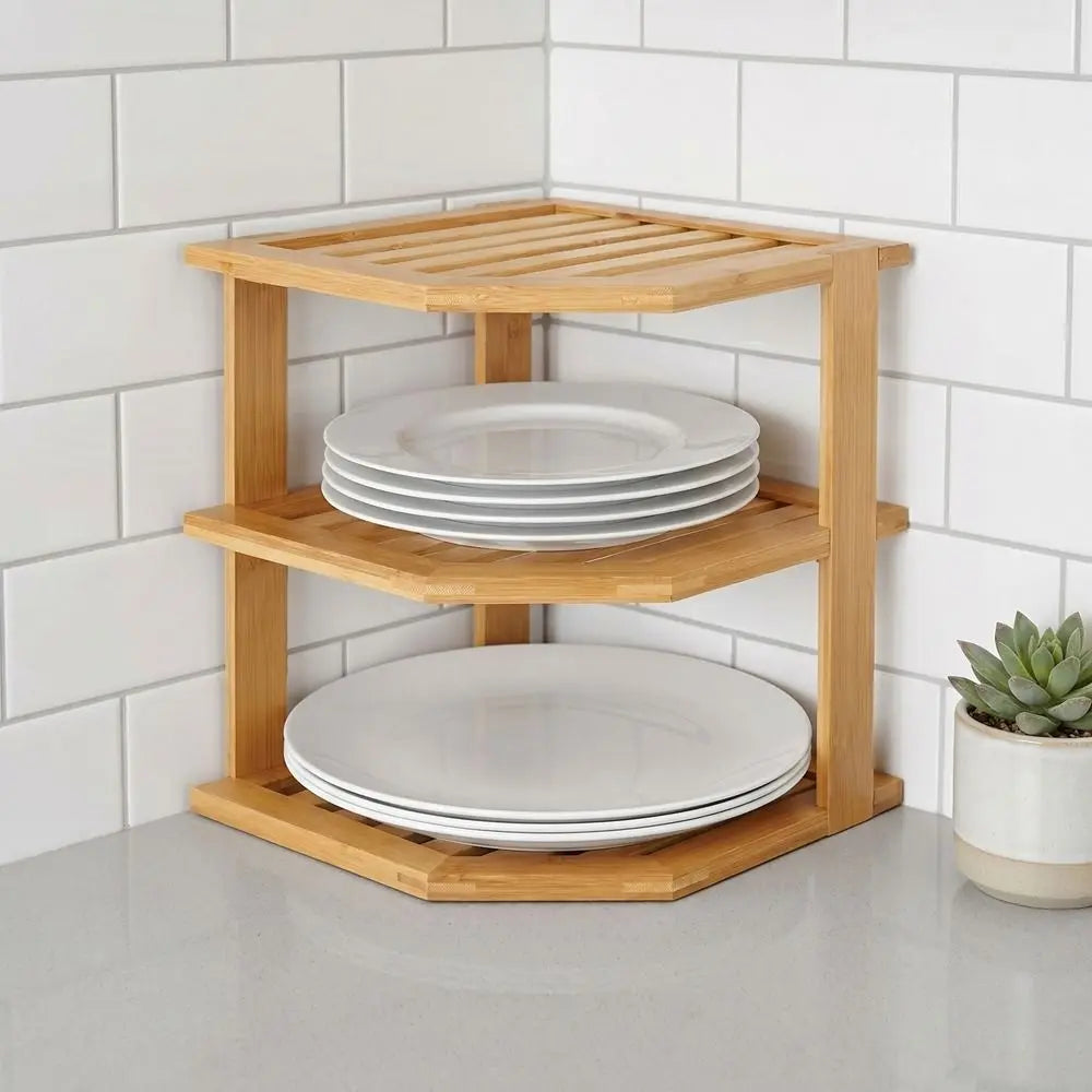 3 Tier Cabinet Organizer Shelf for Kitchen Storage Sturdy Plate Organizer Bamboo Corner Shelf Dish Rack for Cabinet Countertop