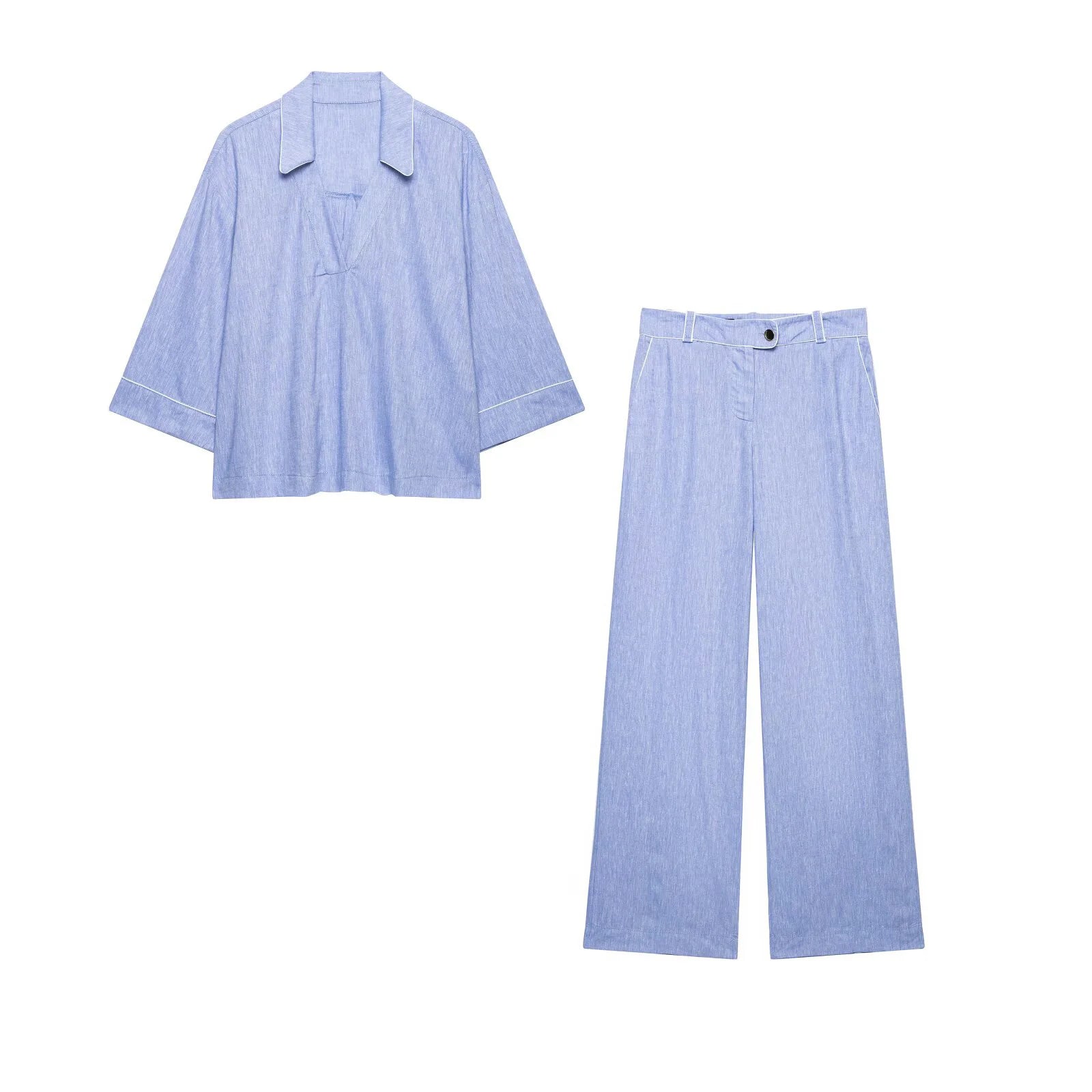 Women's High-Waist Pants Set Two Piece New 2026 Summer V-Neck Blouse with Piping and Straight Leg Pants Chic Female Outfit