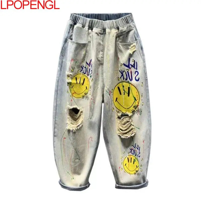 2025 Fashion Printed Ripped Distressed Streetwear Jeans Women's Summer New High-waisted Loose Straight-leg Versatile Harem Pants