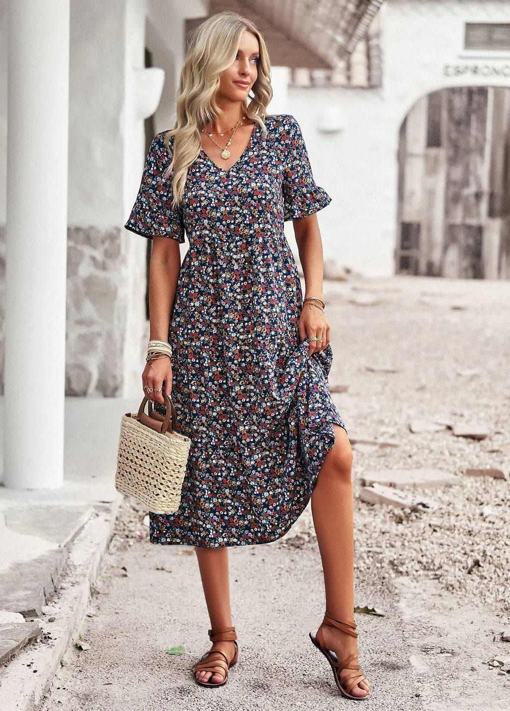Msfilia Fashion V Neck Elegant Printed Dress Women Summer Short Sleeve High Waist A Line Floral Holiday Dresses
