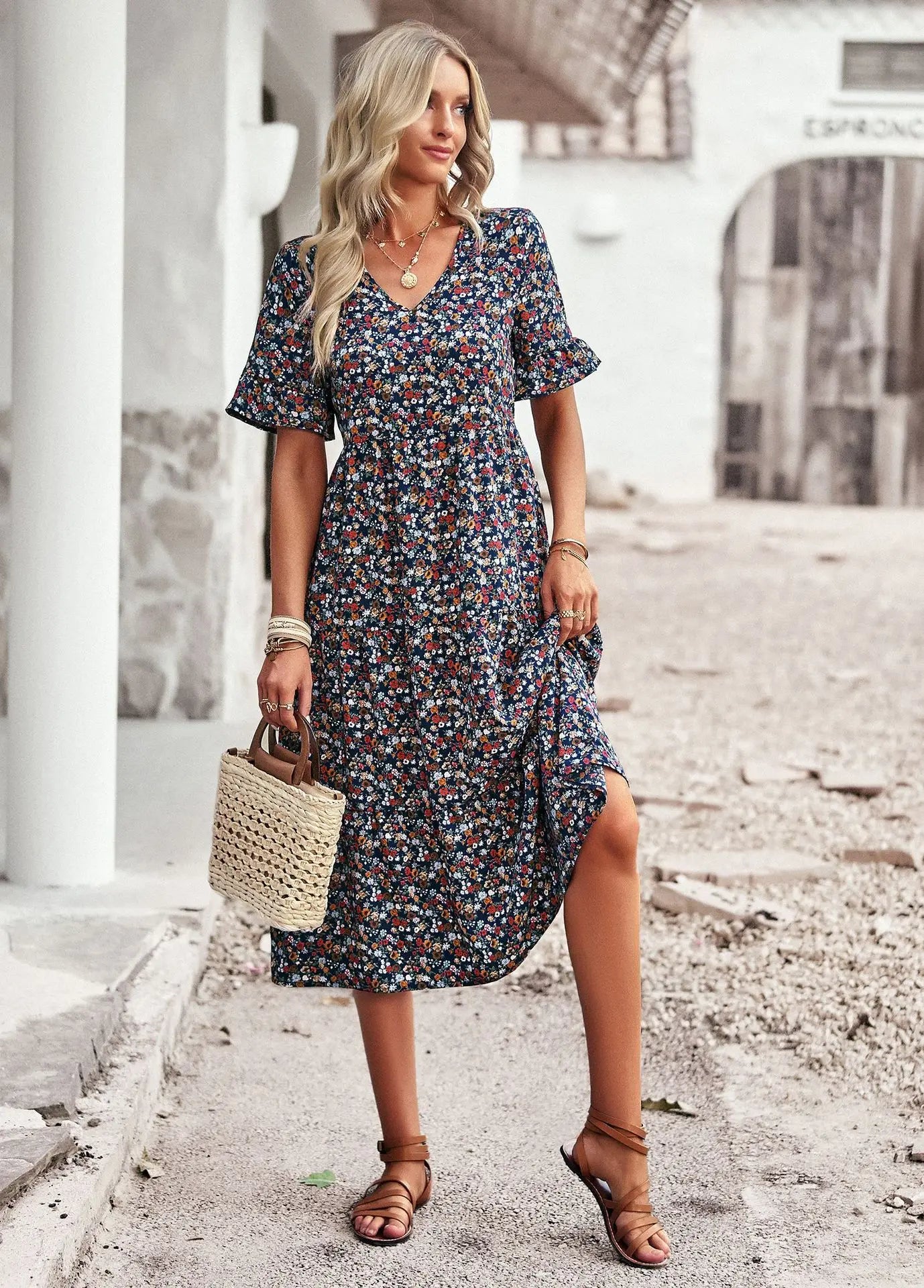 Msfilia Fashion V Neck Elegant Printed Dress Women Summer Short Sleeve High Waist A Line Floral Holiday Dresses