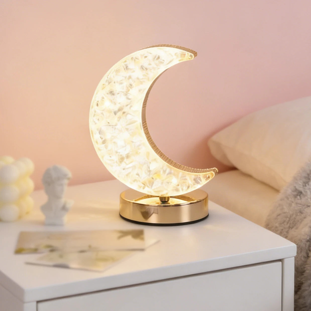 Modern Moon Shaped LED Desk Lamp, Dimmable Warm Night Light for Bedroom, Dorm, Gift, Decor