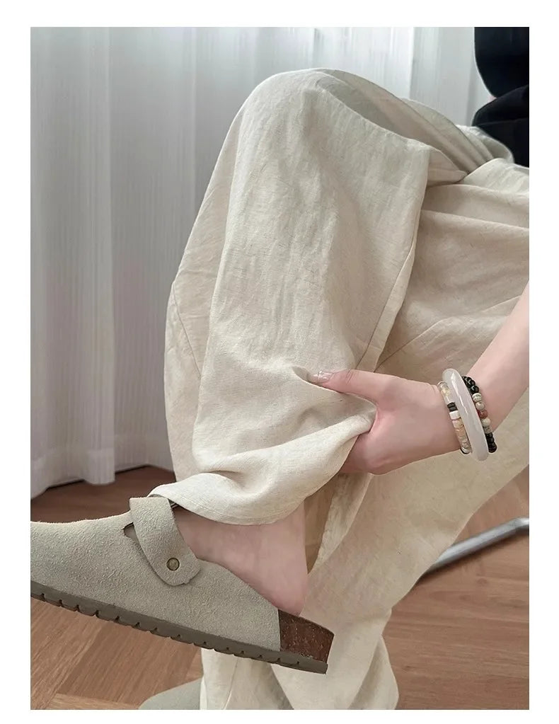 Loose Casual Cotton Linen Trousers Women Full Length Drawstring Women's Wide-leg Pants Summer Thin Linen Navy Blue Baggy Pants