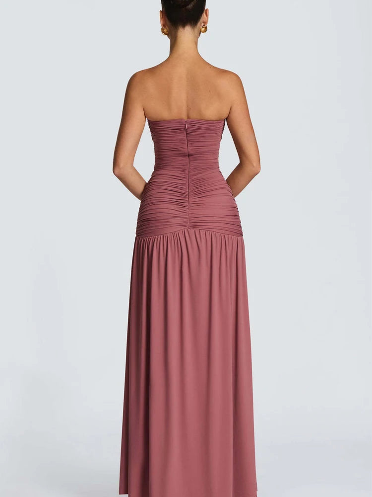 Women Elegant Deep V-neck Pleated Strapless Dress Chic Off-shoulder Backless Split Maxi Dresses 2026 Lady Evening Party Vestidos