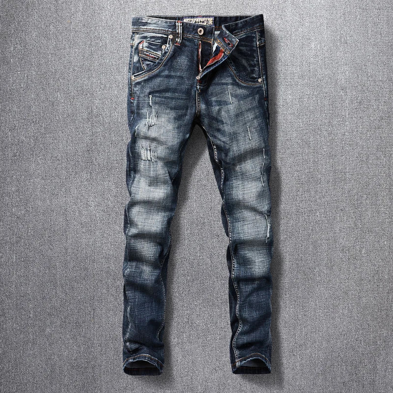 Italian Style Fashion Men Jeans High Quality Retro Black Blue Elastic Slim Fit Ripped Jeans Men Vintage Designer Denim Pants