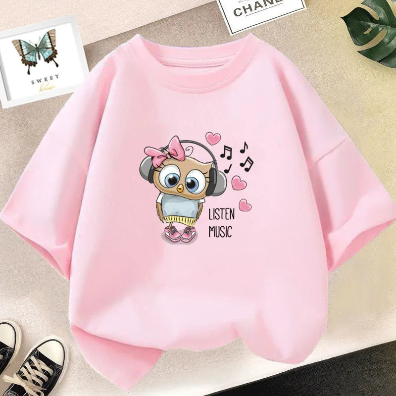 Girl Cute Rabbit Graphic Tshirt Short Sleeve Cotton T-Shirts For Baby Girl Cute Pink Color T-Shirts Children Summer Clothing
