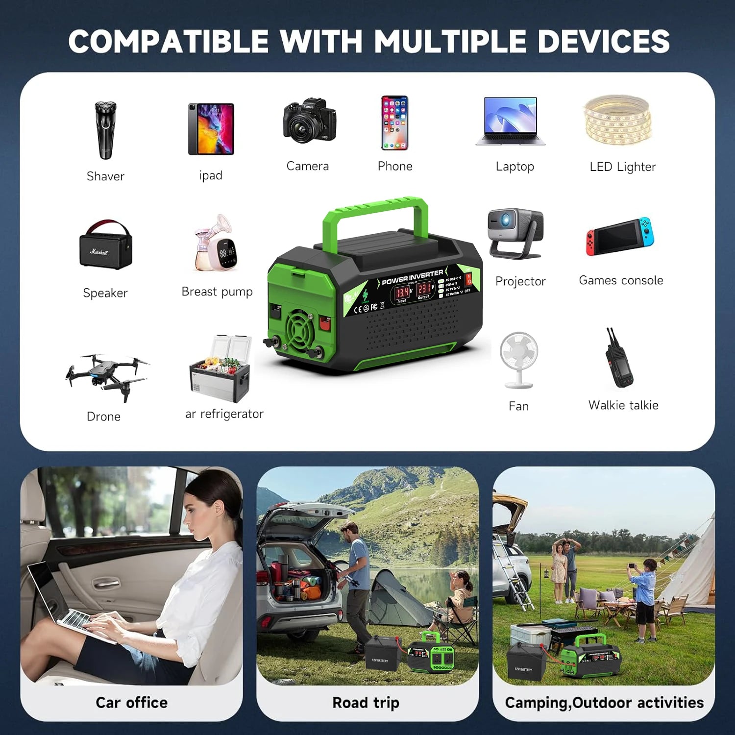 500W power inverter, DC 12V to AC 110V/220V voltage converter, with USB and Type-C ports, suitable for laptops and outdoor use