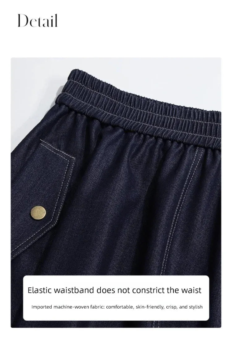 I BELIEVE YOU Dark Blue Denim Midi Skirt for Women 2026 Spring Elastic Waist Skirts Casual A-Line Skirt with Pockets 2261026207