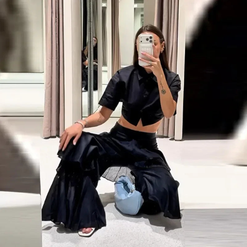 Ruffle Street Cascading Women's Y2k Pants Fashion Elastic Waist Wide-leg Female Trousers 2026 Summer Chic Holiday New Lady Pant