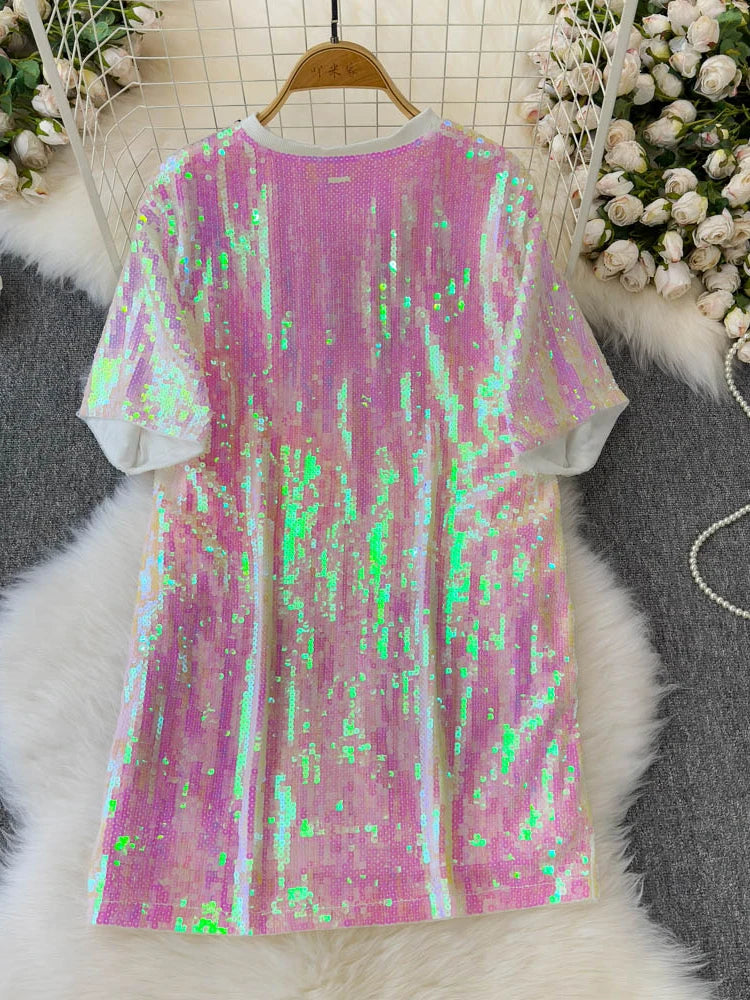 Korean version medium to long loose and lazy T-shirt women half sleeved paired round neck sequined letter top dance outfit