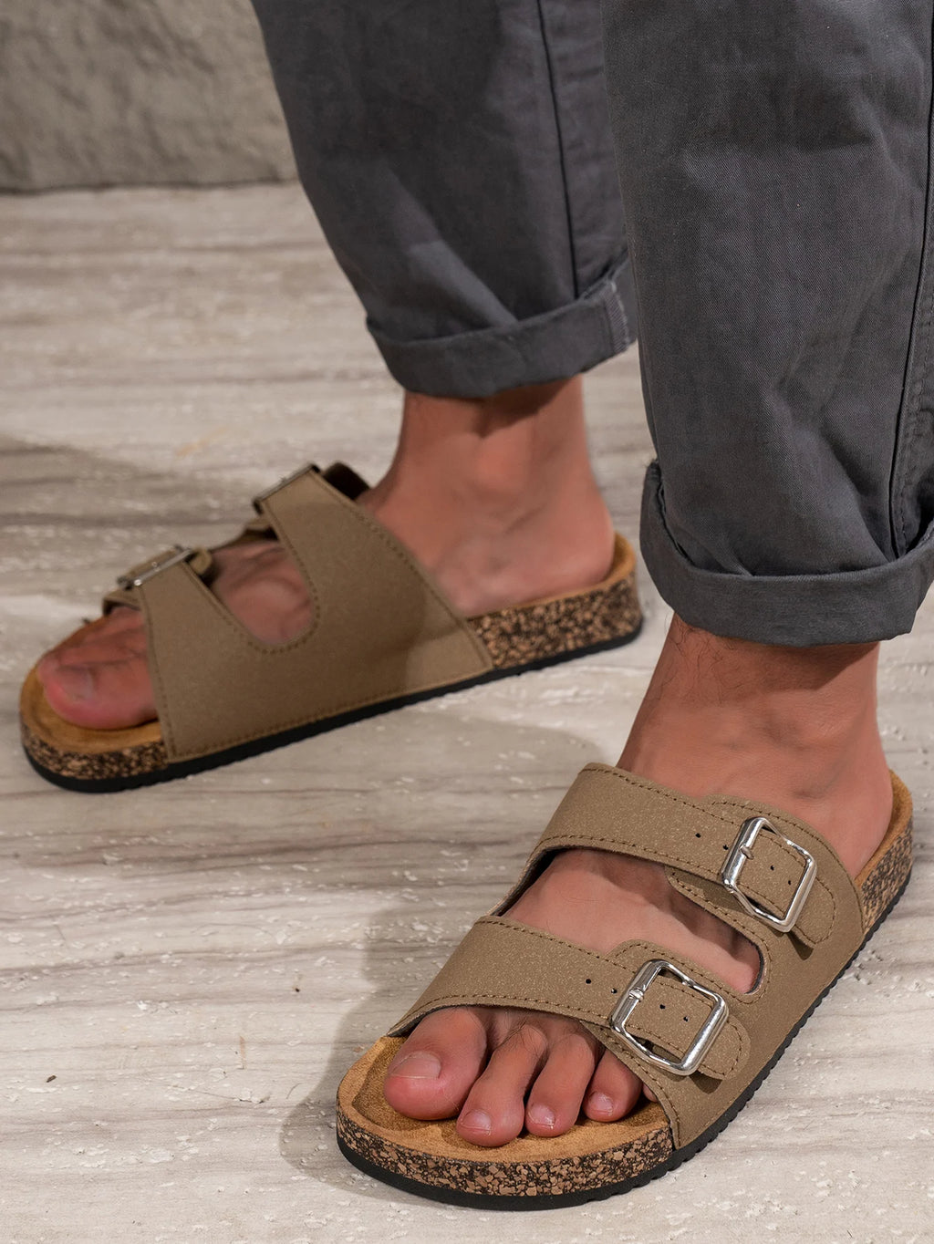 Men's Teen Mules New Spring and Summer Retro Casual Slip-On Shoes Pu Upper Double Strap Half Slippers with Adjustable Buckle
