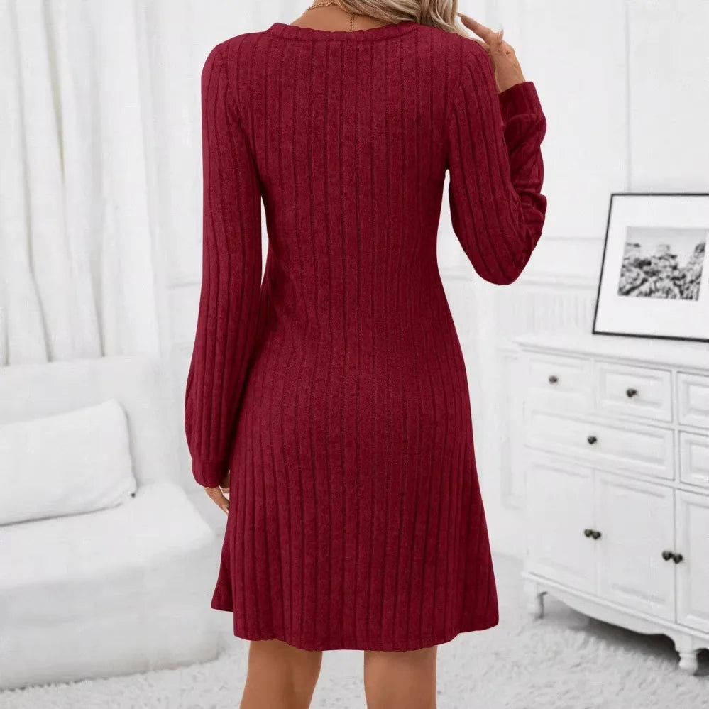 Spring 2026 Commuter Style Fleece Dress High Waist Slim Fit Midi Skirt Women's V-neck Long Sleeve Polyester Knitted Dress