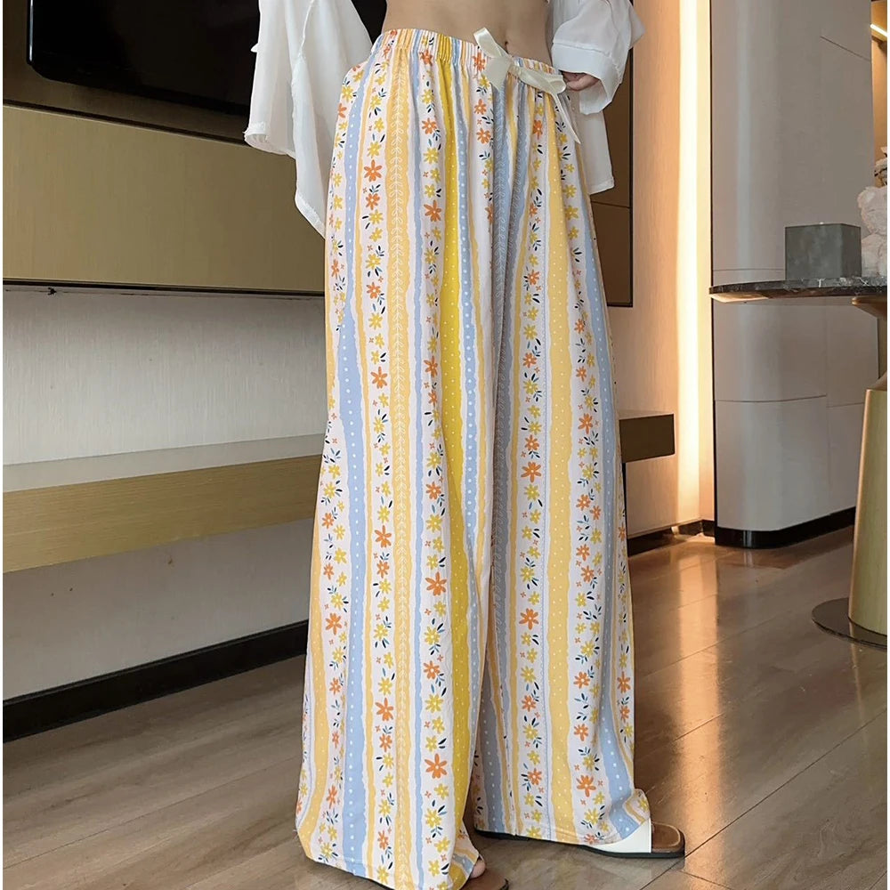 2025 Summer Sleeping Pants Women Thin Bottoms Spring Large Size Home Wear Pants Pajamas Flower Print Loose Cute Beach Trousers