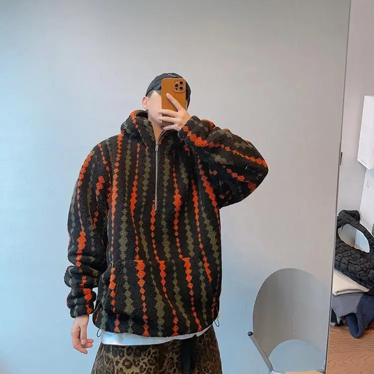 Retro Vertical Striped Autumn Winter Oversized Hooded Overcoat Men's Warm Velvet Loose Casual Half-zip Jackets Male Clothes